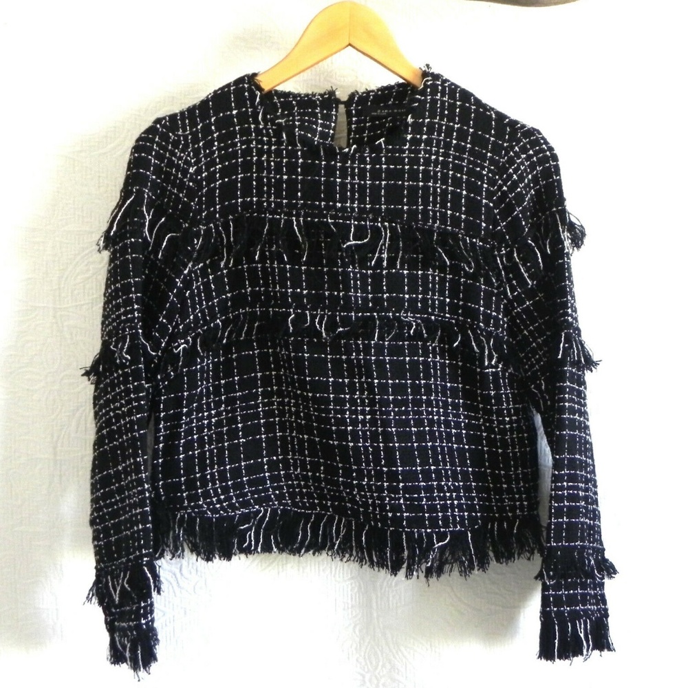 Zara black white long sleeve fringe tweed top